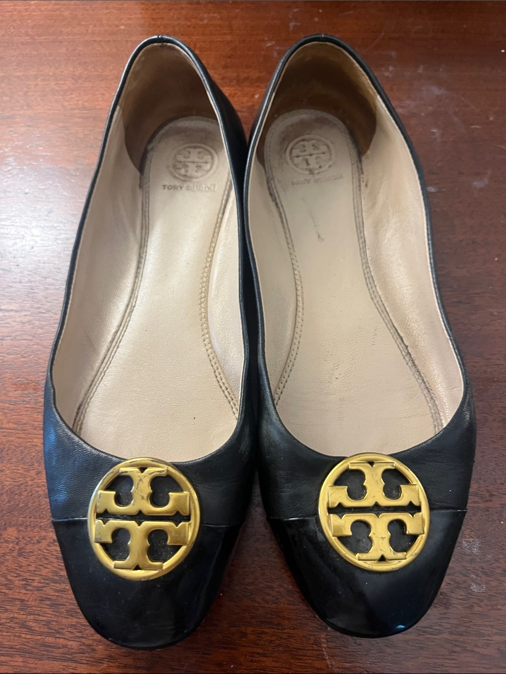 Tory Burch Black Leather Ballet Flats with Gold Logo Medallion